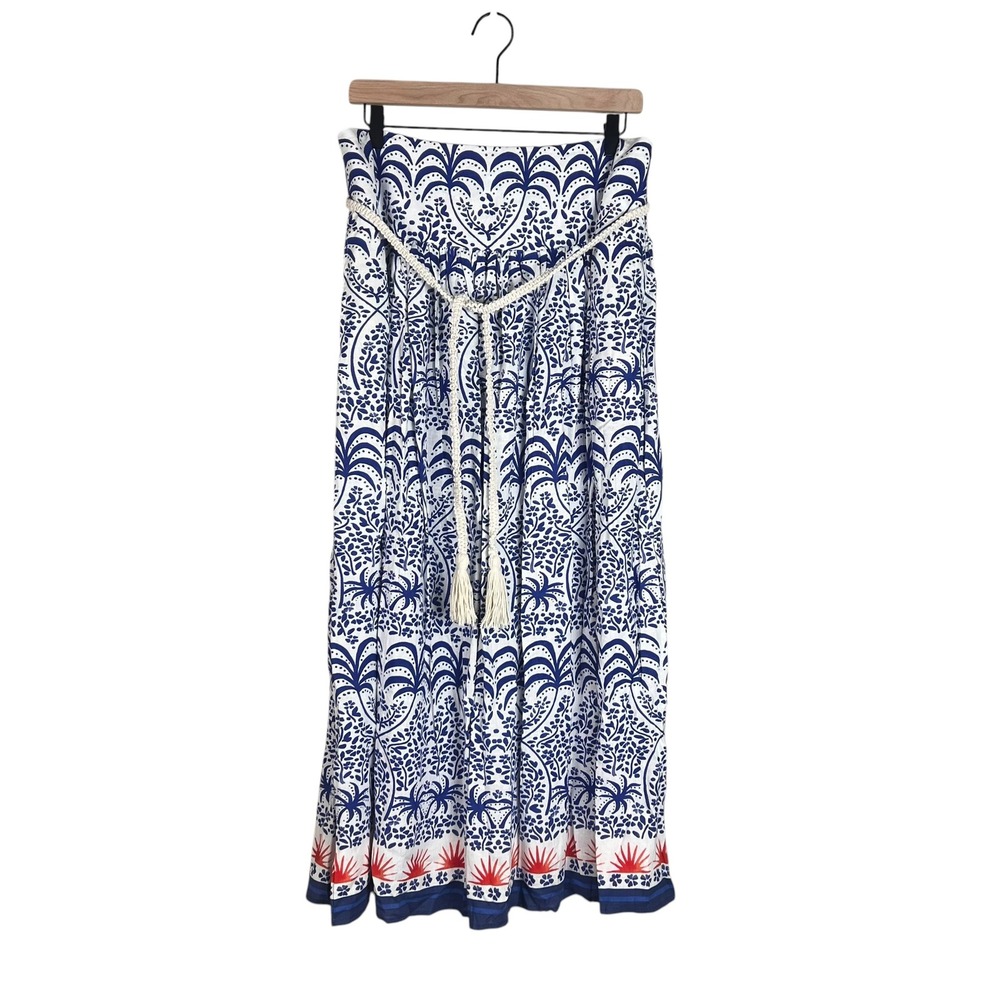 Rachel Zoe Blue White Tropical Palm Print Linen Blend Maxi Skirt Rope Belt L